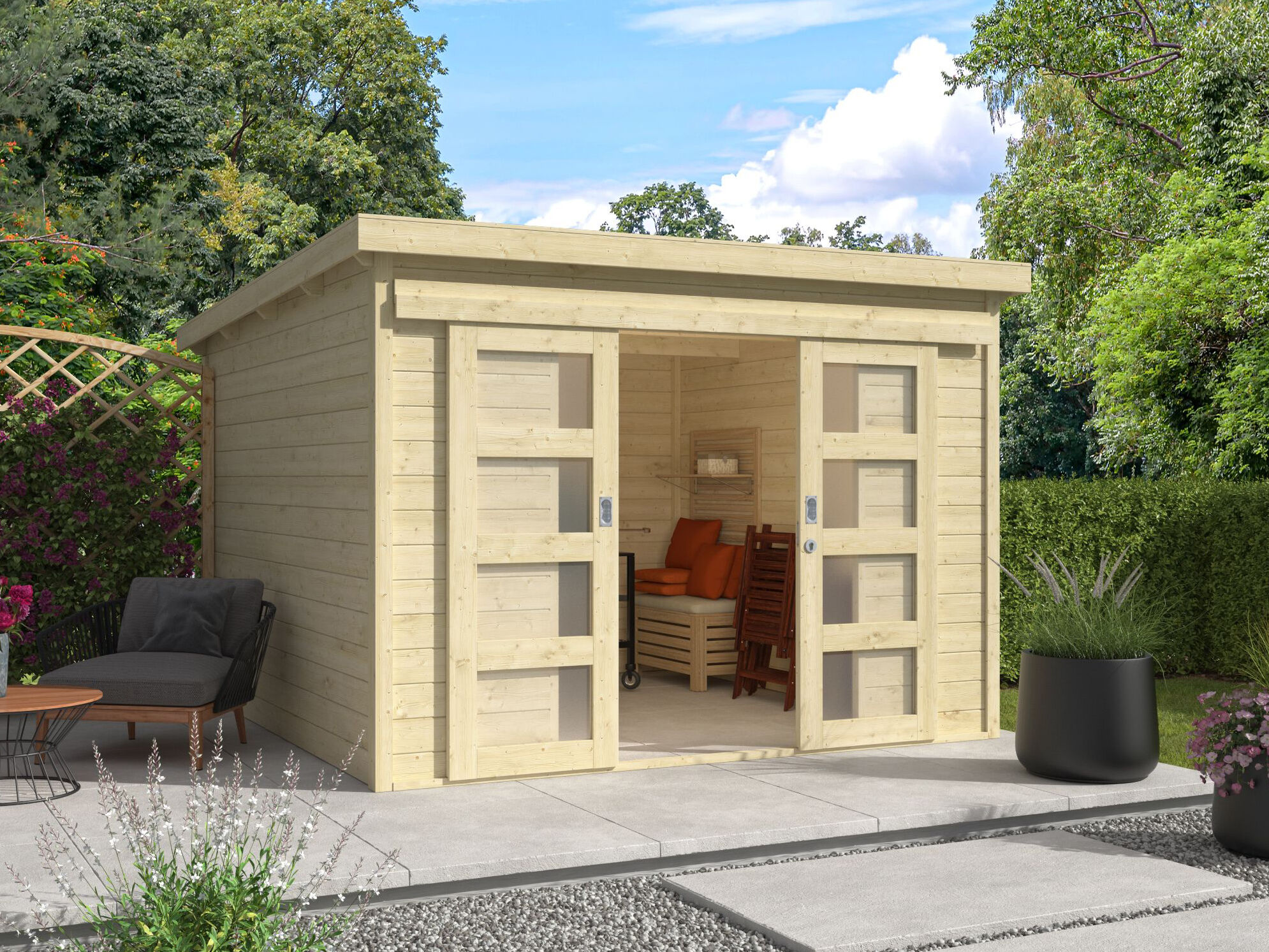 Pultdach Holzgartenhaus Modell Ella 28-C mit Schiebetü | 3x3m Unkategorisiert online kaufen Pultdach Holzgartenhaus Modell Ella 28-C mit Schiebetü | 3x3m Unkategorisiert online kaufen