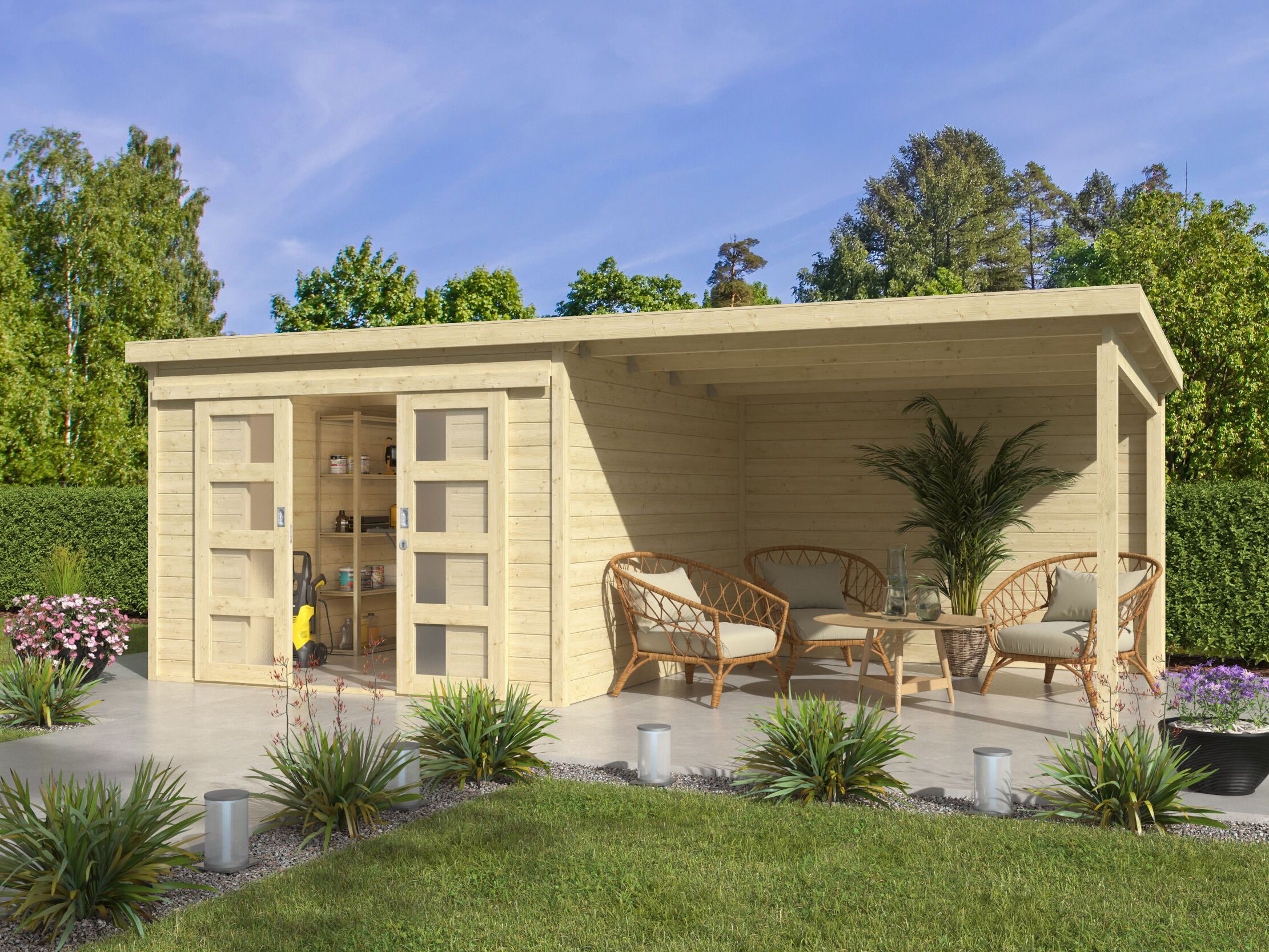 Pultdach Holzgartenhaus Modell Ella 28-C mit Schiebetü | 3x3m Unkategorisiert online kaufen Pultdach Holzgartenhaus Modell Ella 28-C mit Schiebetü | 3x3m Unkategorisiert online kaufen