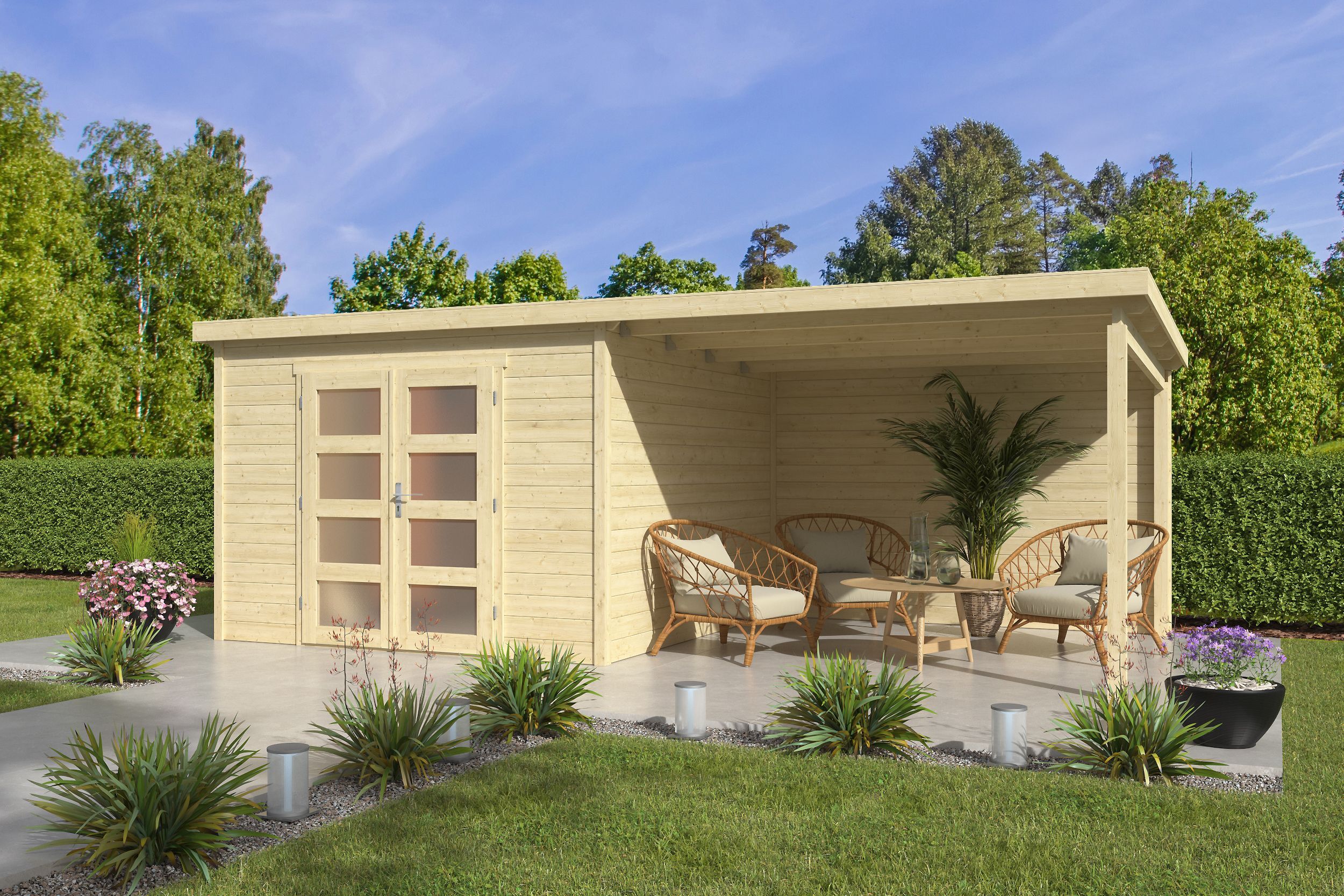 Pultdach Holzgartenhaus Modell Ella 28-C mit Anbau | 6x3m