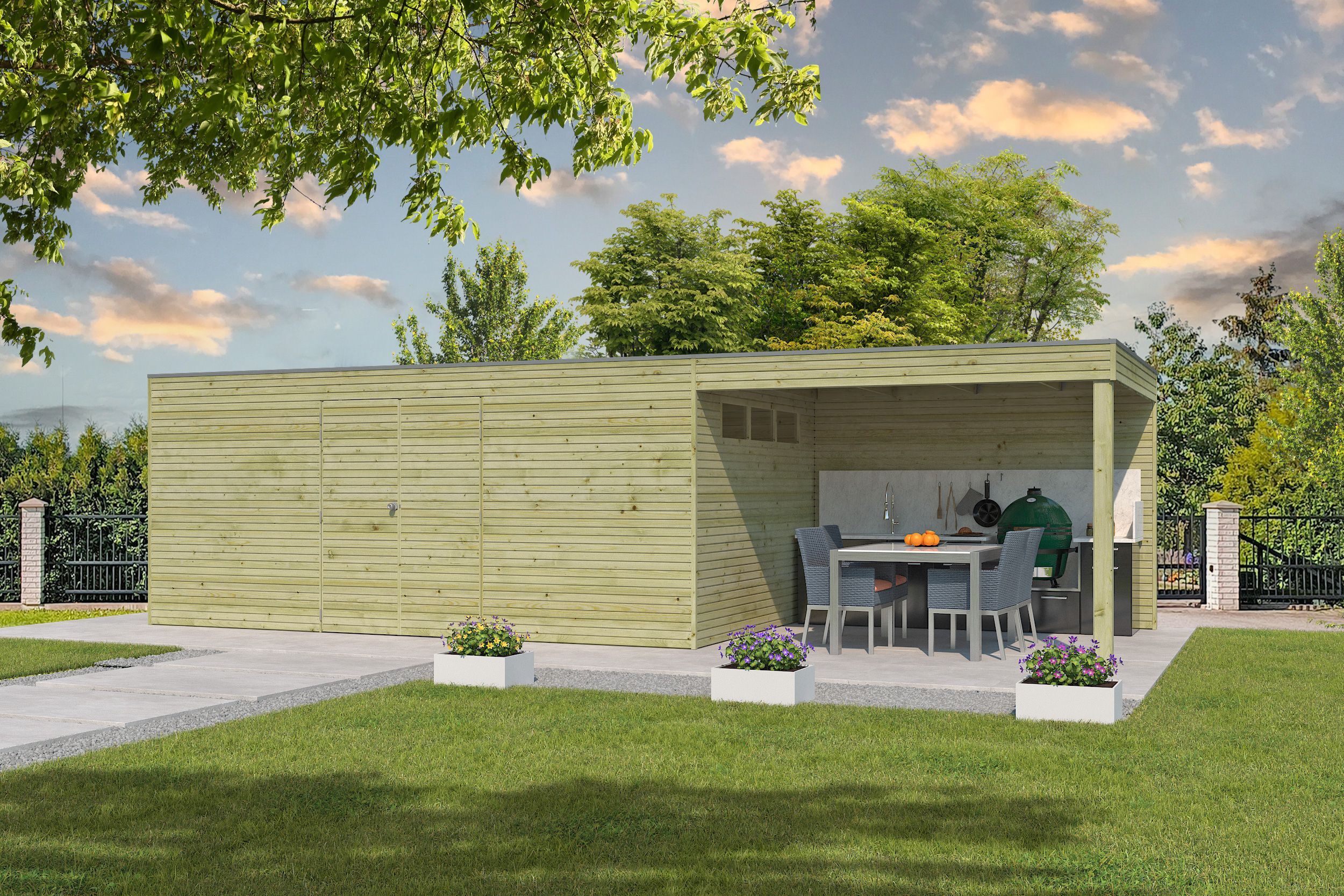Holzgartenhaus Modell QB-Line 15,30 m² + 300 cm Anbau | 5x3m