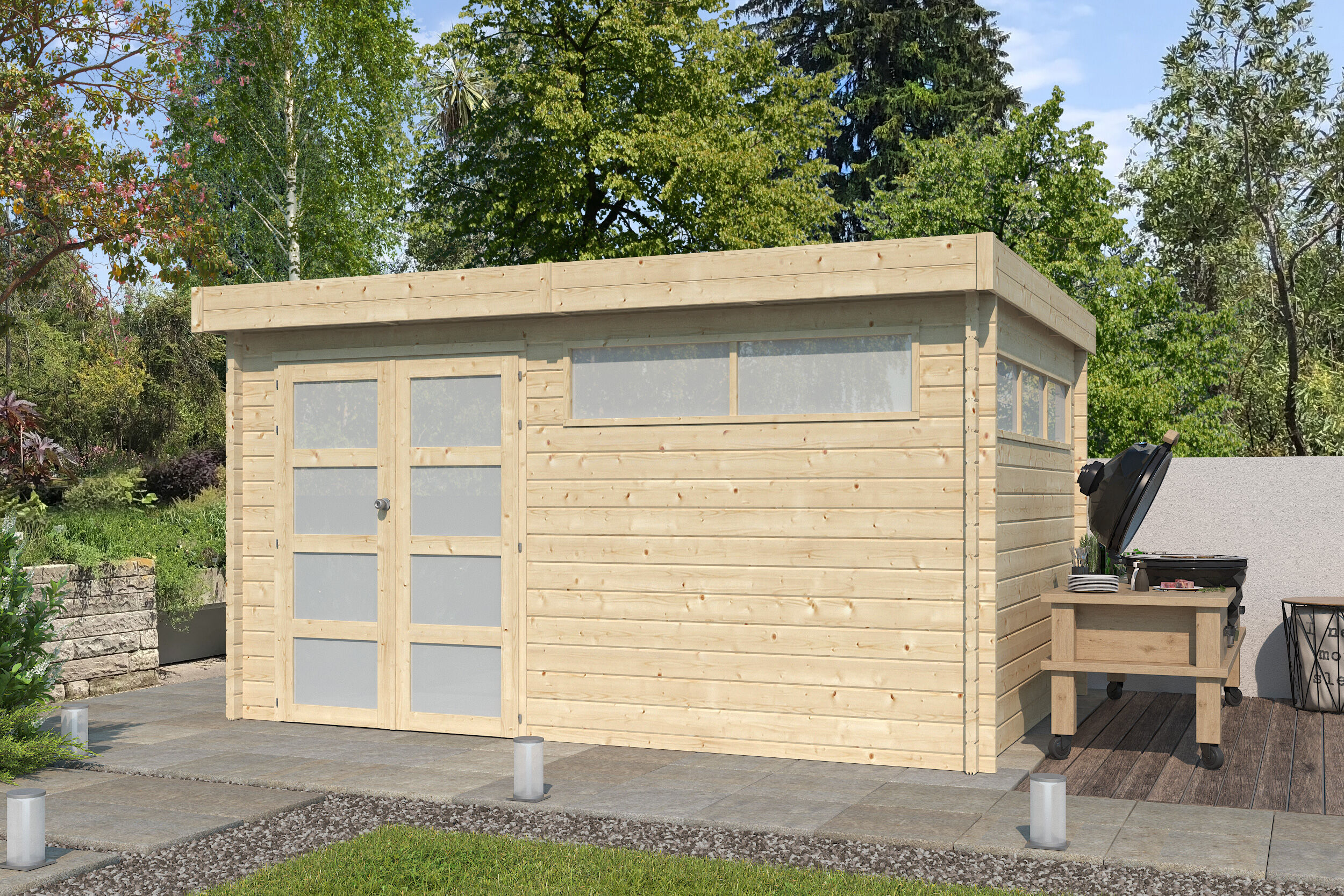 Flachdach Holzgartenhaus Modell Nelo 44 B | 4x3m