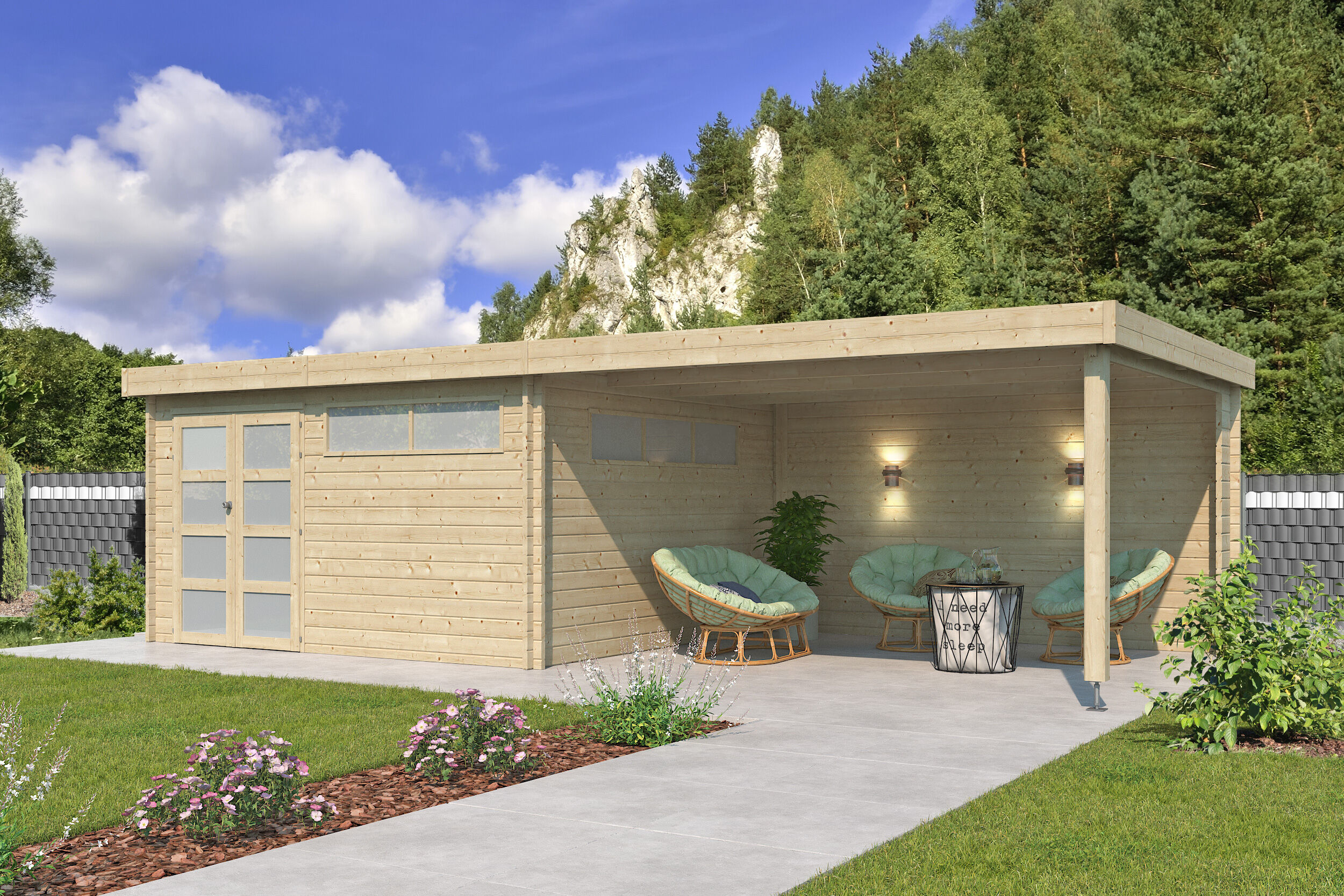 Flachdach Holzgartenhaus Modell Nelo 44 C mit 400 cm A | 8x4m