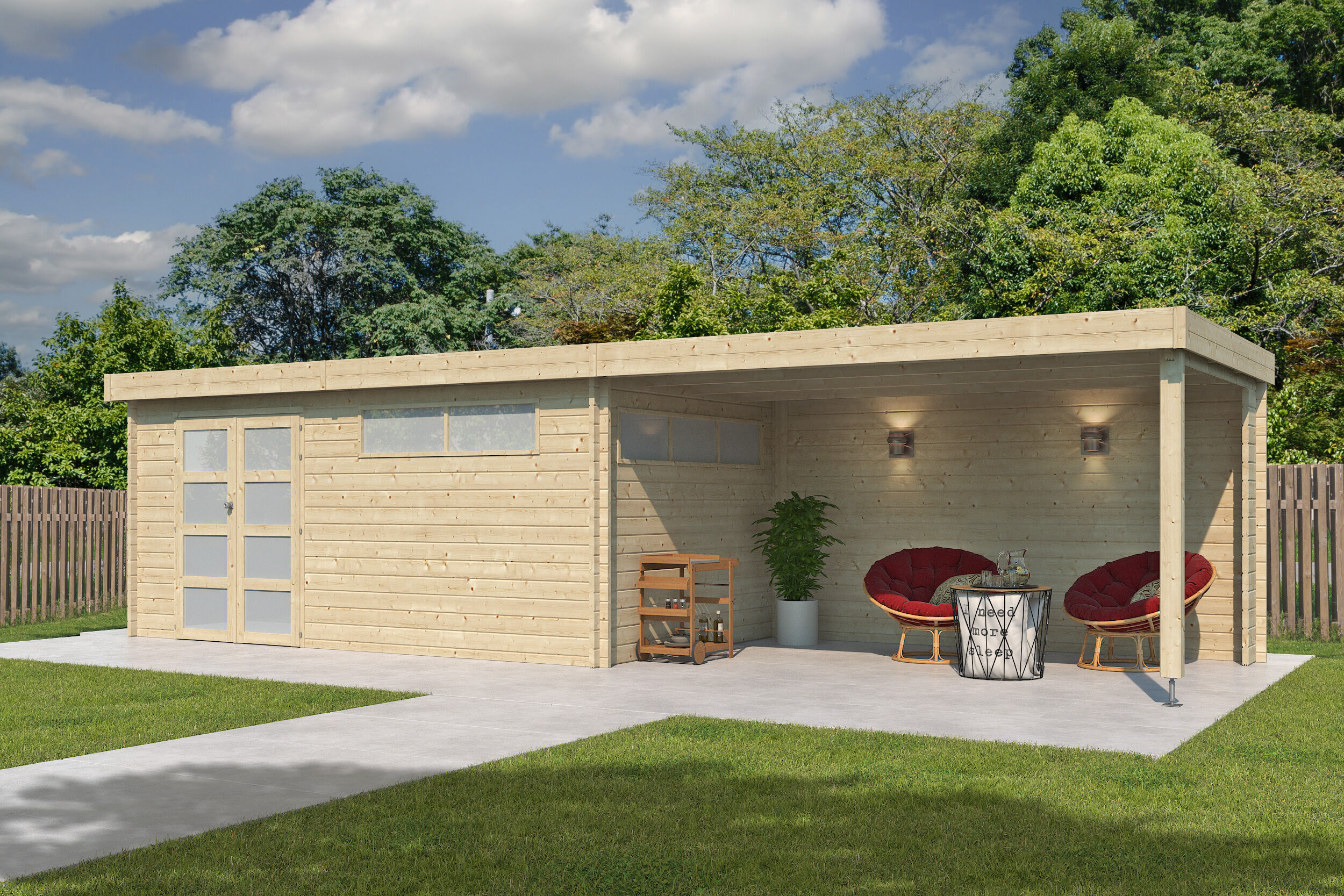Flachdach Holzgartenhaus Modell Nelo 44 D mit 400 cm A | 7x4m