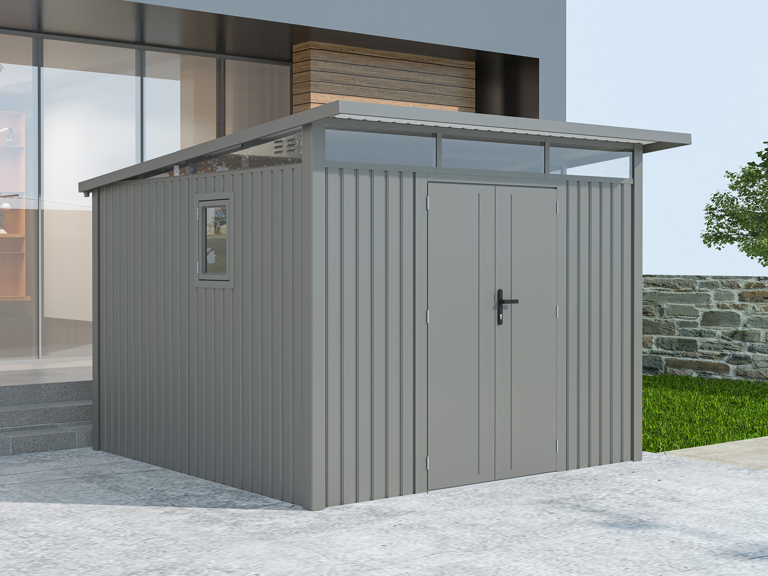 Metall Gerätehaus Modell Skylight 7,56 m² Alu Grau | 3x2m