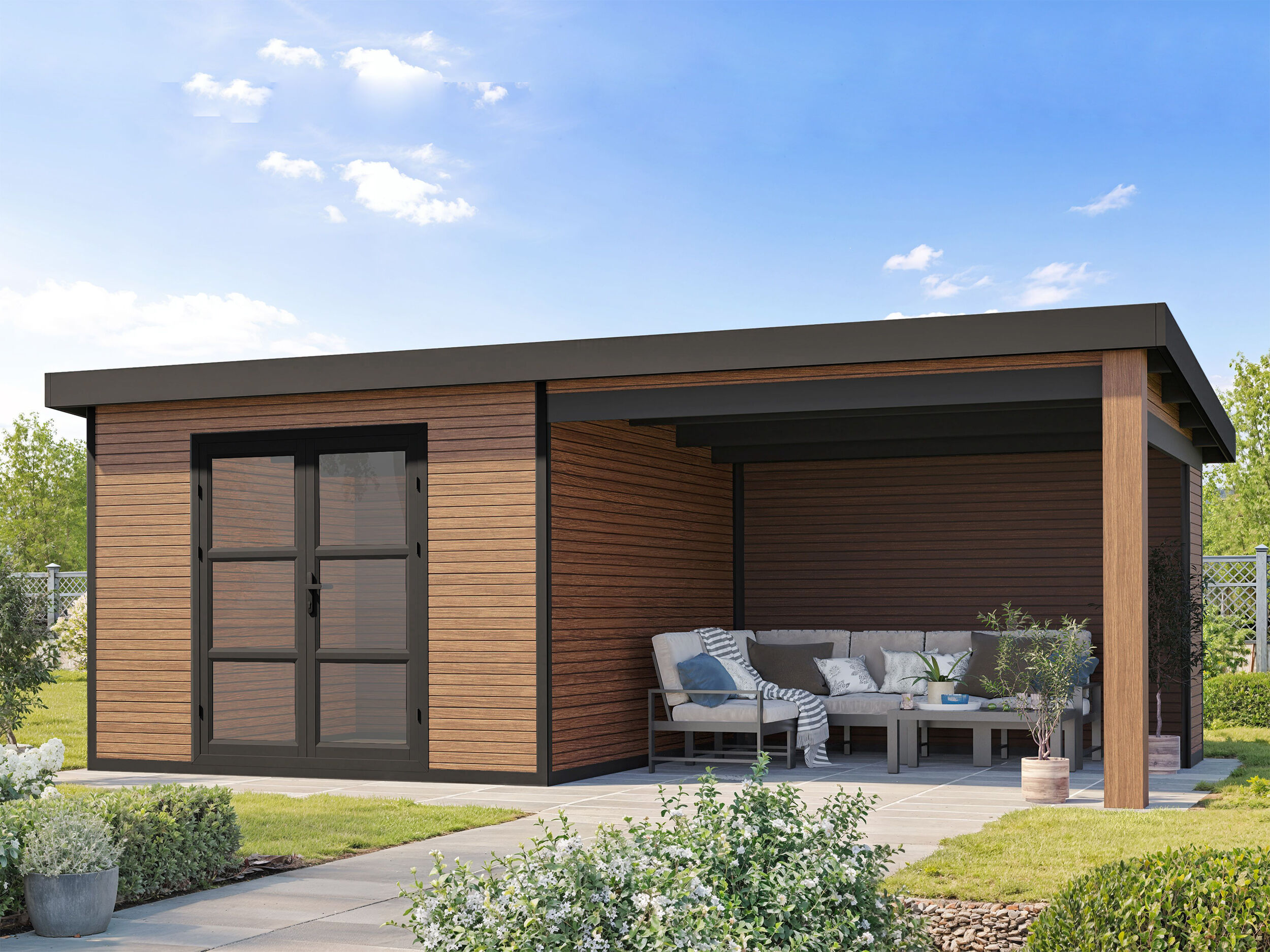 WPC Holzgartenhaus mit Lounge Modell FineLine 16,90 m² | 5x3m