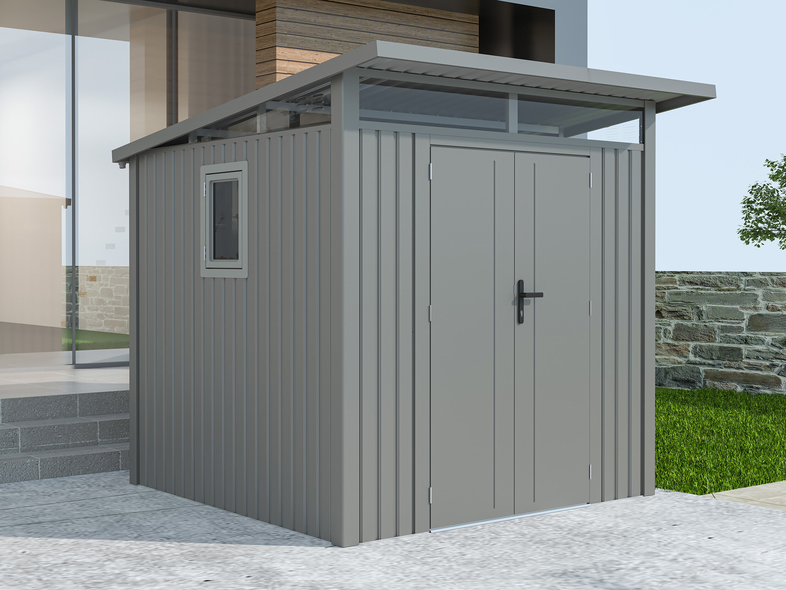 Metall Gerätehaus Modell Skylight 4,45 m² Alu Grau | 3x2m