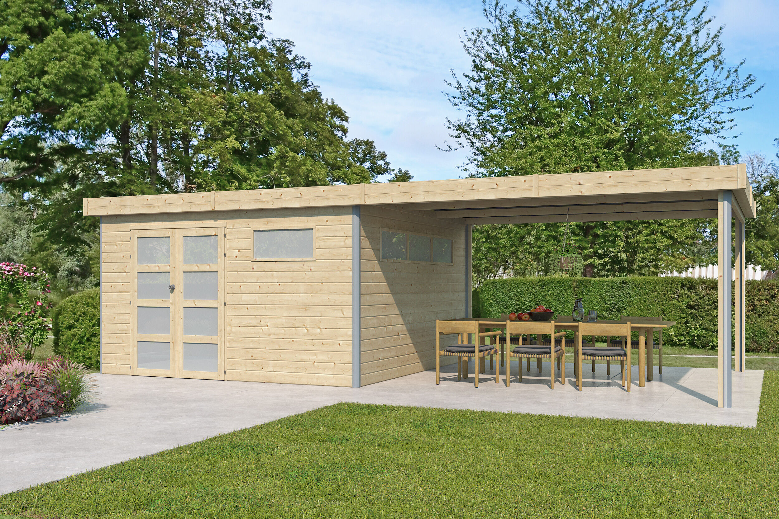 Holzgartenhaus Alu-Line Modell Kasuko-L mit Anbau | 8x4m