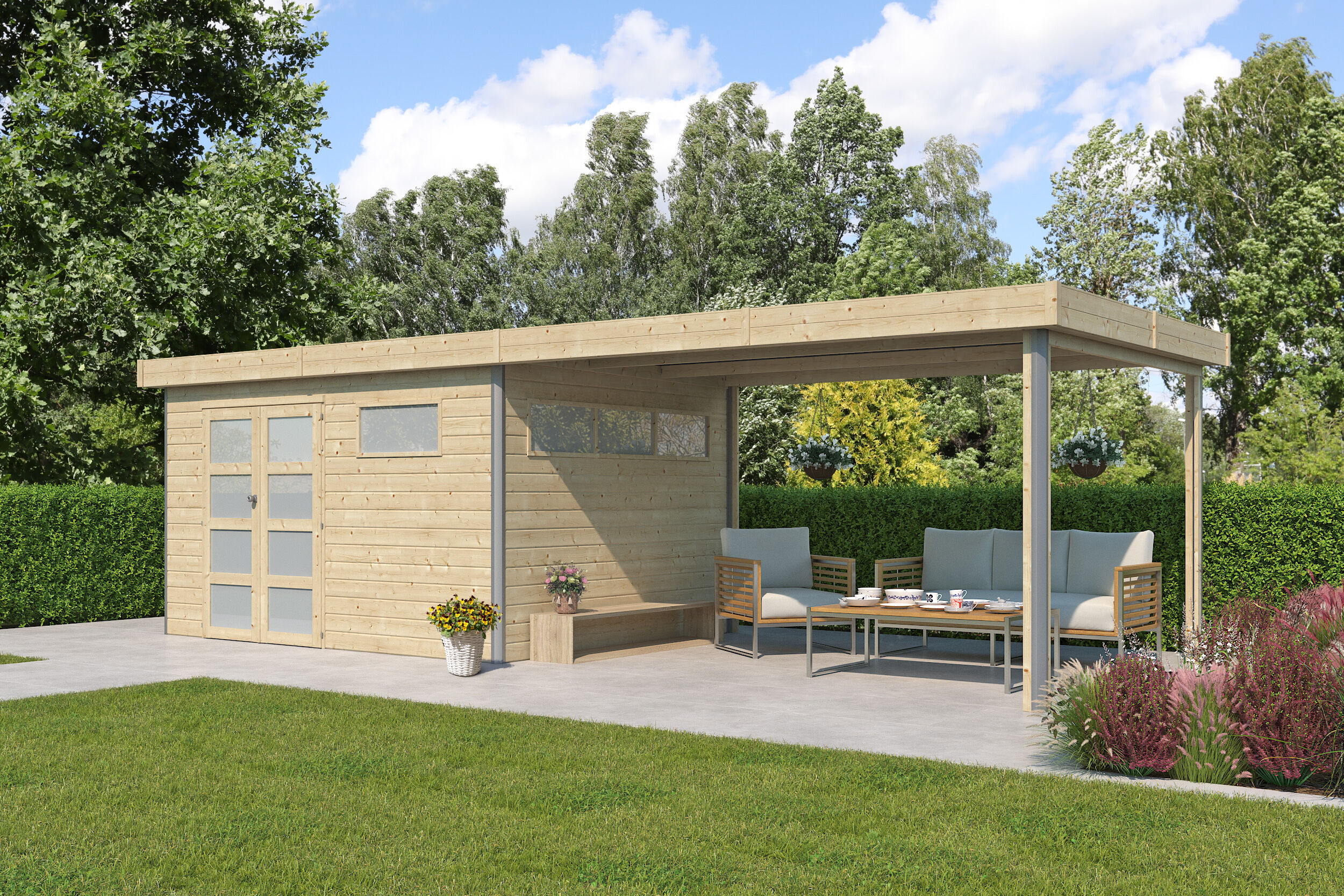 Holzgartenhaus Alu-Line Modell Kasuko-M mit Anbau | 8x4m