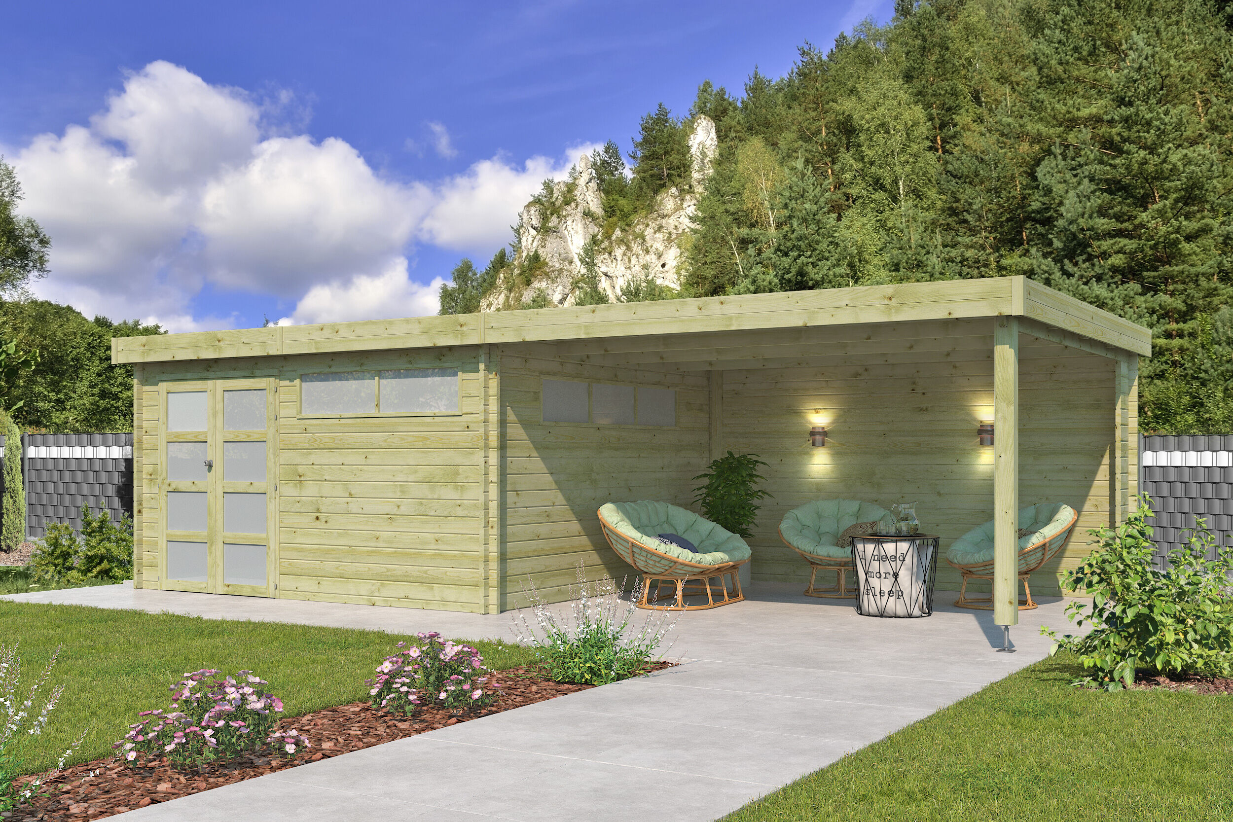 Flachdach Holzgartenhaus Modell Nelo 44 C mit 400 cm A | 8x4m