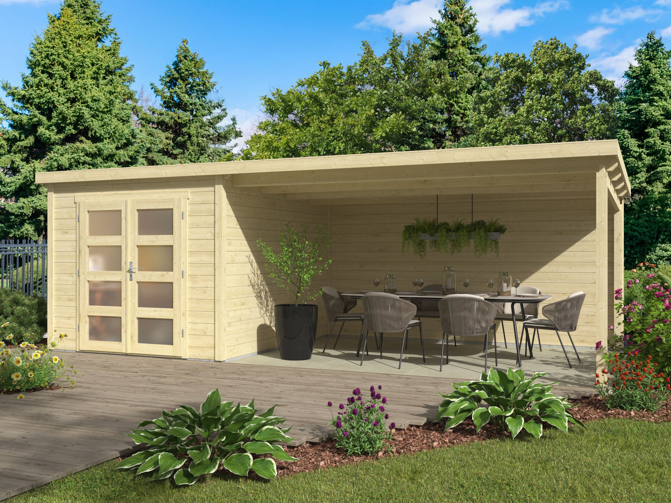 Pultdach Holzgartenhaus Modell Ella 28-A mit Anbau | 6x3m