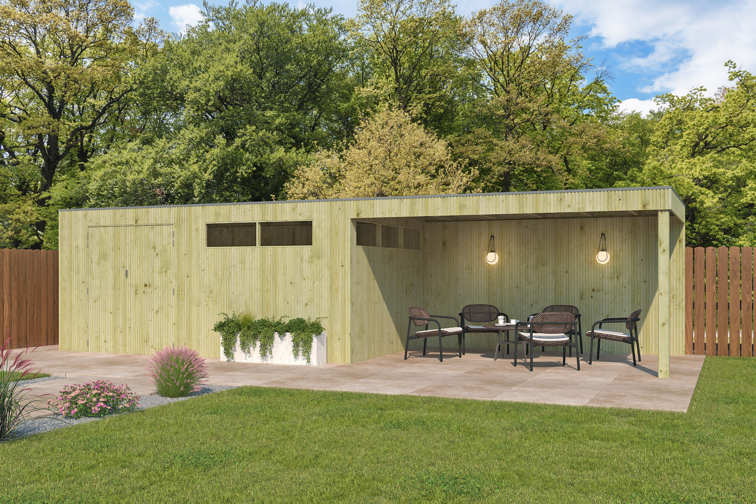 Holzgartenhaus Modell QBV3-Line 14,90 m² + 400 cm Anba | 5x3m